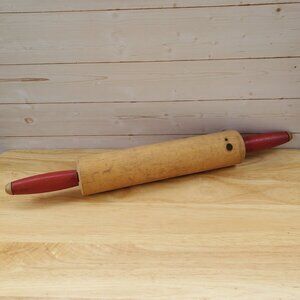 VTG Wood Rolling Pin With Red Painted Handles Kitchen Baking Tool 1950s MCM